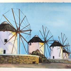 Moulins à vent Mykonos Aquarelle ORIGINALE