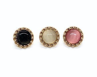 Round, metal button, gold plated button, shank button, pink, cream and black finish, 11mm button, dress or blouse button