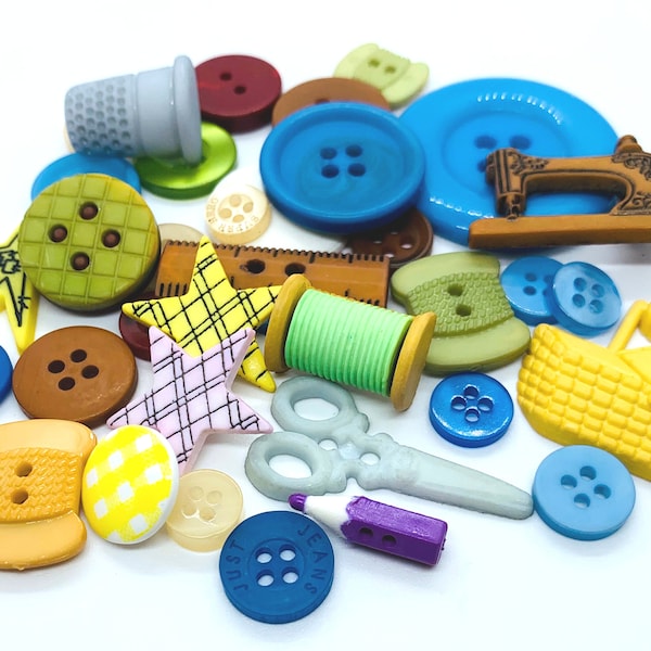 Sewing novelty buttons, craft buttons, scissor buttons, sewing machine button, thimble button, 2 and 4 hole. sweater button, button grab bag