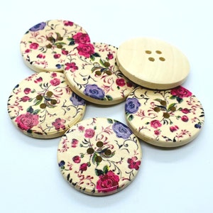 Round, painted, wooden, 30 mm buttons, listing is for 6 buttons, flowers and butterflies, gift for sewer, gift for quilter, stocking stuffer