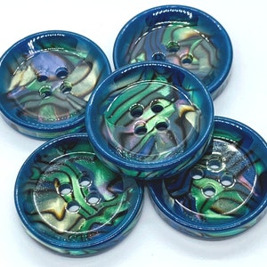 Resin, round, irregular pattern, 4 hole button, irregular pattern of colors, coat or sweater button, garment button, rim edged, blue colors