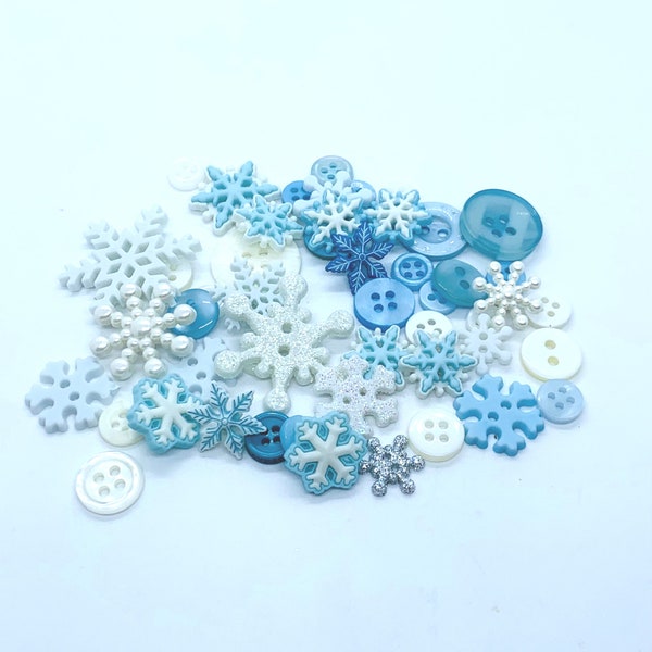 Snowflake button, glitter button, white and blue button, Christmas sweater, winter buttons, gift for her, gift for sewer, stocking stuffer