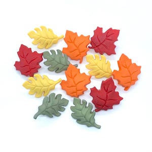 Autumn leaves, plastic, maple leaf button, oak leaf, yellow button, fall leaves, green leaves, fall colors, listing is for 12 buttons