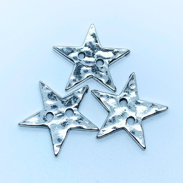 Hammered, metal star button, antique silver button, star button, 2 hole button, listing is for 8 buttons, metal star