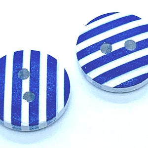 Round, painted blue and white striped button, 15 mm buttons, listing is for 10 buttons, two holes, gift for sewer, gift for quilter, stripes