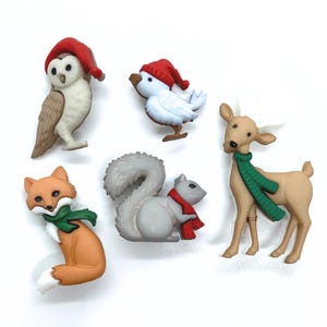 Christmas button, reindeer button, squirrel button, fox button, owl button, bird button, holiday buttons