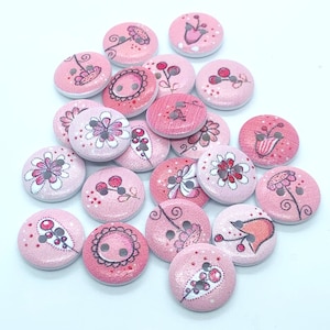 Round, painted flower button, wooden, 15 mm buttons, listing is for 10 buttons, two holes, gift for sewer, gift for quilter, pink buttons