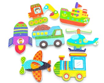 Transportation buttons, rocket button, truck button, train button, helicopter button, painted wood, white backs, two hole