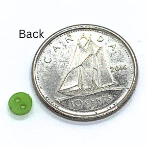 以下が含まれることがあります： 2つの穴が開いた緑色のボタンと、カナダの10セント硬貨。硬貨には帆船と「CANADA」と「10 CENTS」の文字、2016年の年号が描かれています。