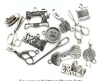 May include: A selection of silver sewing and knitting charms. The charms depict scissors, sewing machines, buttons, needles, yarn, and text that reads "I love sewing" and "I love knitting". The text "Silk Cord" is also visible.