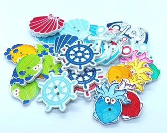 Nautical theme button, wooden, 2 holes, gift for sewer, gift for quilter, craft button, fish, jellyfish, shell button, anchor button