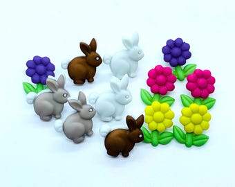 Easter buttons, shank button, bunny buttons, rabbit button, spring flowers, Easter project, gift for sewer, gift for mom, Easter animals