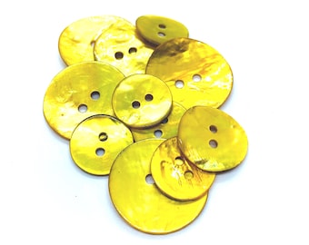 Agoya buttons, natural shell, round, shades of yellow and gold color, four sizes, 2 holes for sewing, gift for her, gift for sewer, 4 sizes