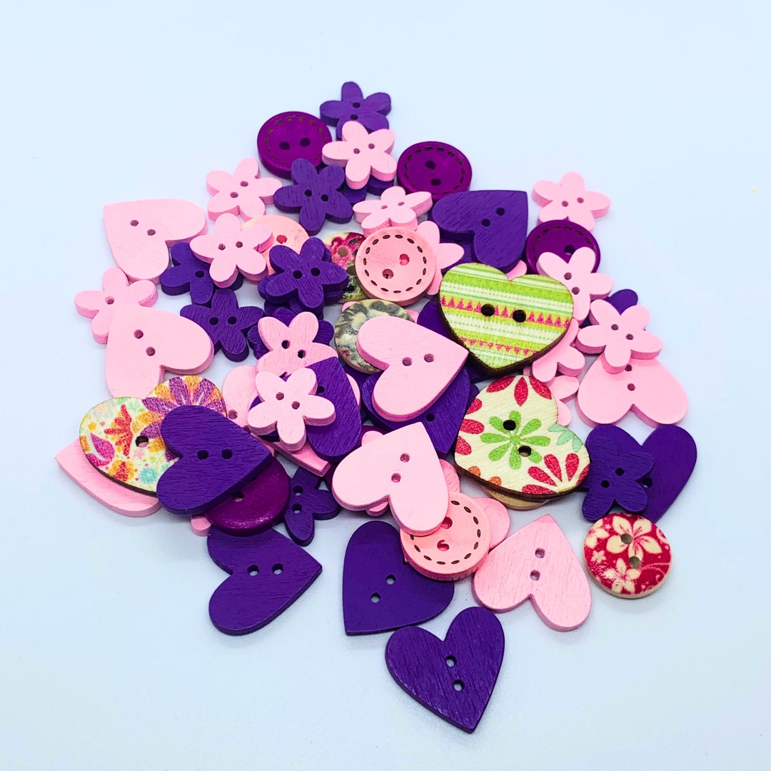 Mixed Patterns of Wooden Buttons, Round, Flower and Heart Shapes ...