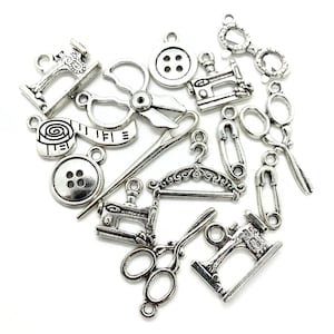 Sewing theme charm, sewing machine, button charm, sewing needle, measuring tape, charms for necklace, safety pin charm, metal sewing charms