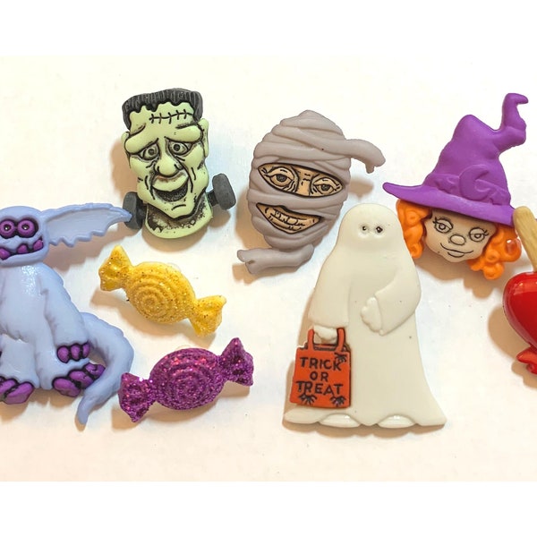 Halloween buttons, witch button, Frankenstein button, mummy button, candy apple, candy buttons, ghost button, gargoyle button, Dress it Up