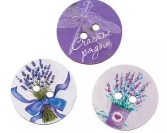 Round, wooden button, lavender flower designs, 2 holes, large buttons, 1 inch in diameter, gift for sewer, 10 per listing