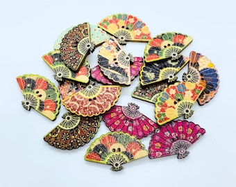 Painted fan, wooden fan button, hand fan button, 2 hole button, gift for sewer, DIY craft sewing notion, gift for sewer, Japanese fan button