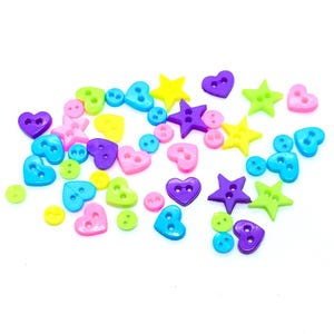 Tiny, mini, neon colored shaped buttons, craft or scrapbooking buttons, accessories for doll clothes. mini stars, mini hearts, micro mini