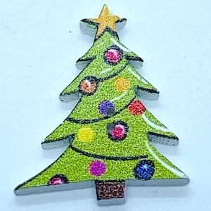 May include: A green wooden Christmas tree ornament with a gold star on top and colourful baubles hanging from the branches.