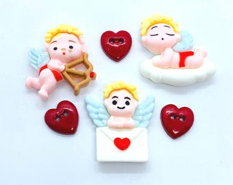 Valentine Cupid angel flatbacks, red heart buttons, Valentine embellishments, Valentine button, gift for her, romance buttons, Love letters