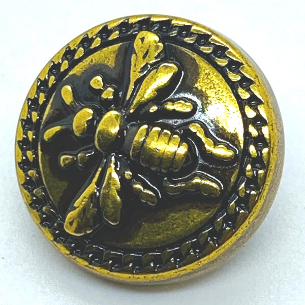 Metal, gold bee button, gold and black button, shank style fancy button, bee design button, button with bee, coat button, stocking stuffer