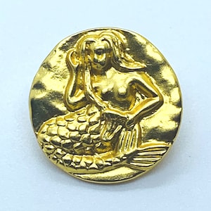 mermaid button, metal button, gold plated button, shank style, 19mm button, dress buttons, shirt buttons, jacket button, mermaid decor
