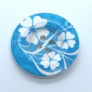 Round, wooden, 30mm, buttons, white with blue flowers, gifts for sewers, gifts for knitters, listing is for 2 buttons, two holes for sewing