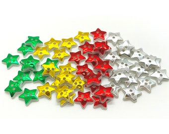 Christmas star buttons, 2 holes, silver, gold, green and red colors, 12mm x 13mm in size. Listing is for 10 buttons