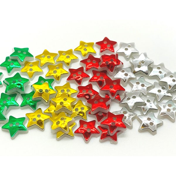 Christmas star buttons, 2 holes, silver, gold, green and red colors, 12mm x 13mm in size. Listing is for 10 buttons