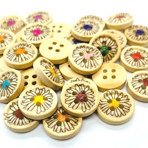 Wooden, round buttons, daisy buttons, flower buttons, 15 mm, 4 holes for sewing, listing is for 10 buttons, gift for her, stocking stuffer