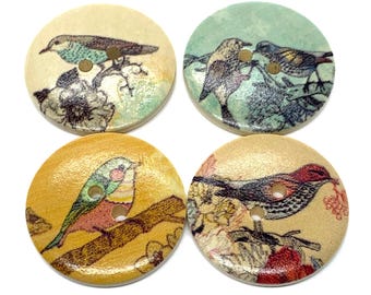 Wooden Bird Buttons, 30mm Round Sewing Supplies (Set of 5)