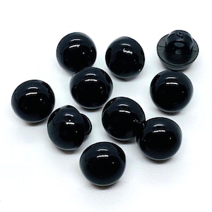Round, shiny black buttons,  mushroom shaped button, 8mm button, shank back, buttons for eyes, listing is for 10 buttons.