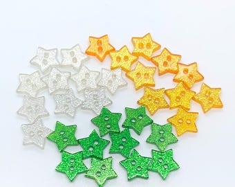 Small, gold and silver colored, glitter star button, craft or scrapbooking buttons, accessories for doll clothes, 14 mm, mini stars