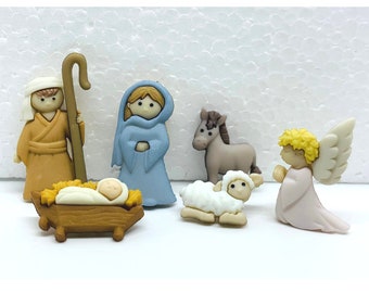 Nativity set buttons, baby in manger, Mary and Joseph, barn animals angel, set is for 6 buttons, shank style, stocking stuffer, gift for her