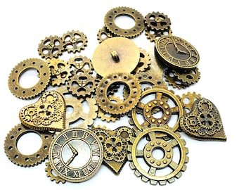 Antique Bronze Acrylic Buttons, Gears, Hearts, Clocks (Slow Stitch Kit)