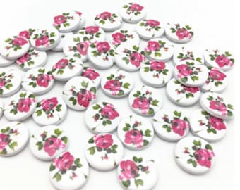 Rose buttons, flower buttons, wooden, round sewing buttons with roses and white back, 15 mm, listing is for 10 buttons.