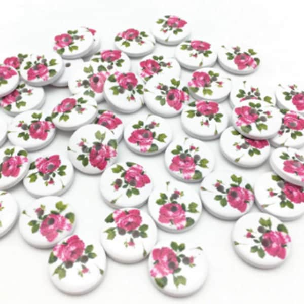 Rose buttons, flower buttons, wooden, round sewing buttons with roses and white back, 15 mm, listing is for 10 buttons.