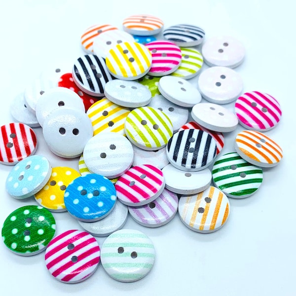 Striped buttons, polka dot buttons, round, wooden button, 2 hole, 15 mm, gift for sewer, gift for quilter, gift for her,