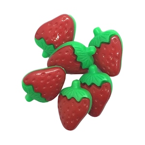 Strawberry buttons, red and green, fruit buttons, food buttons, acrylic. Shank style. 12 mm x 16mm.