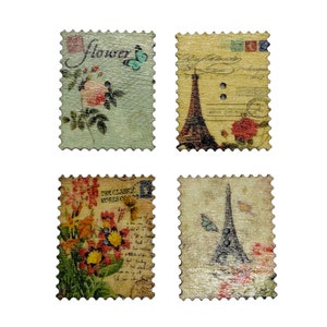 May include: Four vintage-style decorative stamps featuring images of flowers, the Eiffel Tower, and text. The stamps are printed on a light brown background with a distressed look.