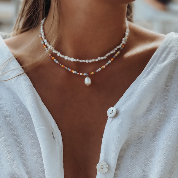 Collier Léni | Collier coloré avec perles de rocaille et pendentif perle d'eau douce