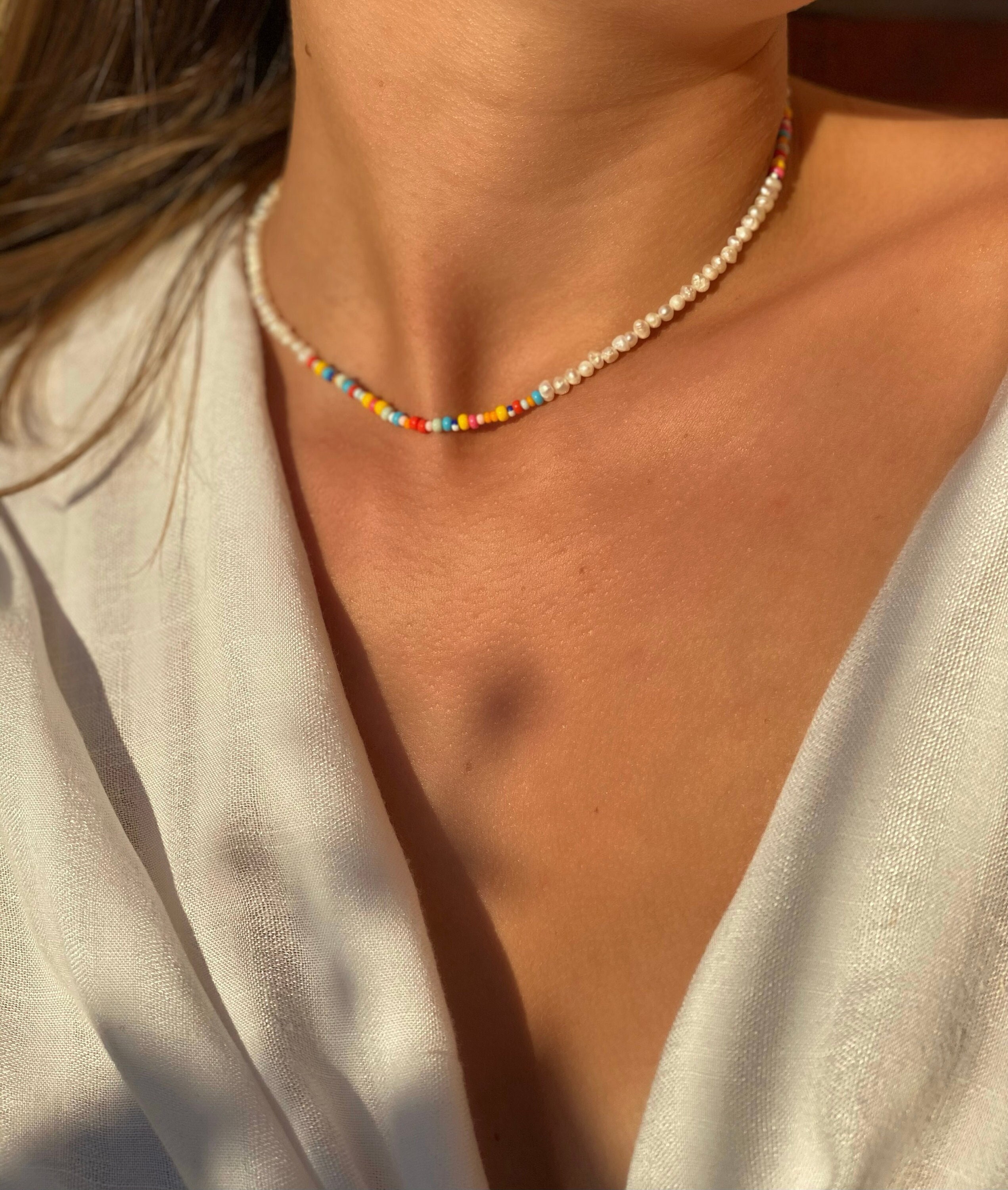 Poppy Choker Necklace With Freshwater Pearls and Colorful Rocailles - Etsy  Denmark