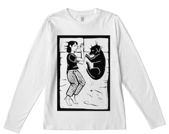 Dogs Before Dudes Long sleeve unisex T Shirt- Girl and Dog shirt - original linocut design, screen printed on Earth Positive t shirt