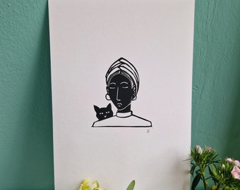 Portrait Linocut - Woman and Cat - A5 original print