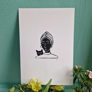 Portrait Linocut  - A5 original print - Cat and Woman