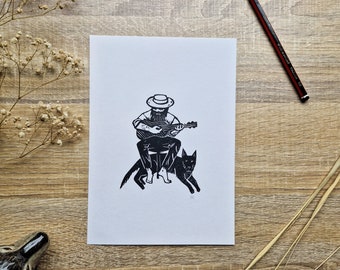 The Folk Singer - People and Their Dogs - A5 Original Linocut Print Hand-Pressed - Guitar Player