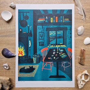 Ten Past Ten - A3 Risograph print from an original linocut print - riso art - Cottage Bothy Scene