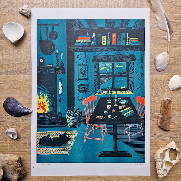 Ten Past Ten - A3 Risograph print from an original linocut print - riso art - Cottage Bothy Scene