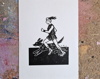 Trail Runners - Woman and Dog Running - Original Linocut Print A5